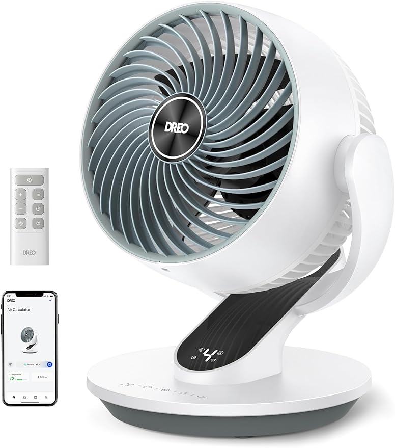 Dreo Smart Fan for Bedroom,120° Vertical and 90° Oscillating Fan with Remote/Voice, 13 Inch Height Quiet Air Circulator for Whole Room, 70 ft, 4 Speeds, 5 Modes, 12H Timer, Desk Fans for Home，White