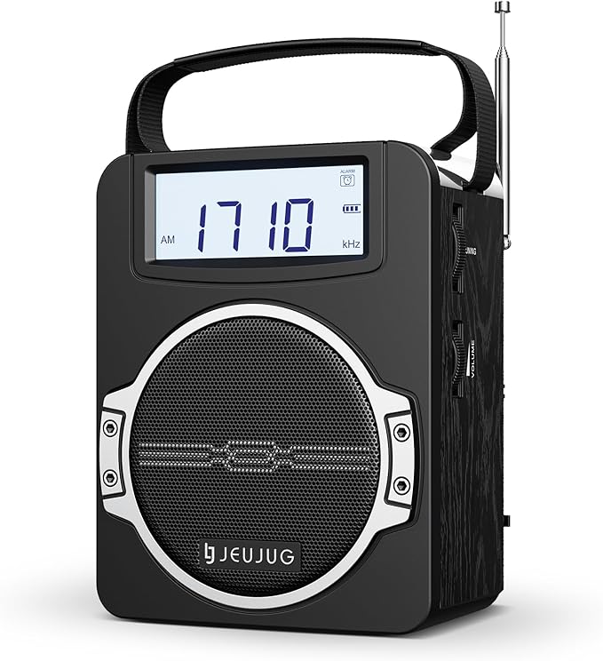 JEUJUG Radio Portable AM FM Digital Radios Clock Radio with Bluetooth 5 Watts Loud Speaker Rechargeable AM FM Radios Plug in Wall Battery Operated Best Reception for Home Outdoor Great Gift Black