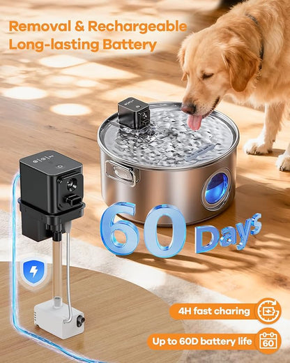 12L/ 3.4Gal Wireless Automatic Dog Water Fountain for Large Dogs，Stainless Steel 3 Modes Dog Fountain Water Bowl Dispenser, Multi Large Pet Water Fountain Ultra Quiet & Multi-Filteration