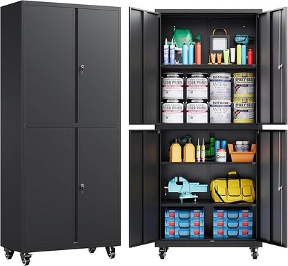 SISESOL Metal Storage Cabinet with Wheels,73" Rolling Garage Storage Cabinet with Lock,Black Metal Cabinets with Shelves and 4 Doors,Tall Tool Cabinets on Wheels for Garage,Home,Office,Shop