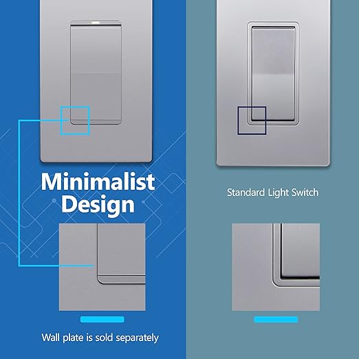 LIDER Minimalist Design Matte Finish Lighted 4-Way Decorator Light Switch, Four Way Frameless Rocker Switch, Residential/Commercial Grade, 15A 120V/277V, UL Listed, LS15-4W-SV, Silver