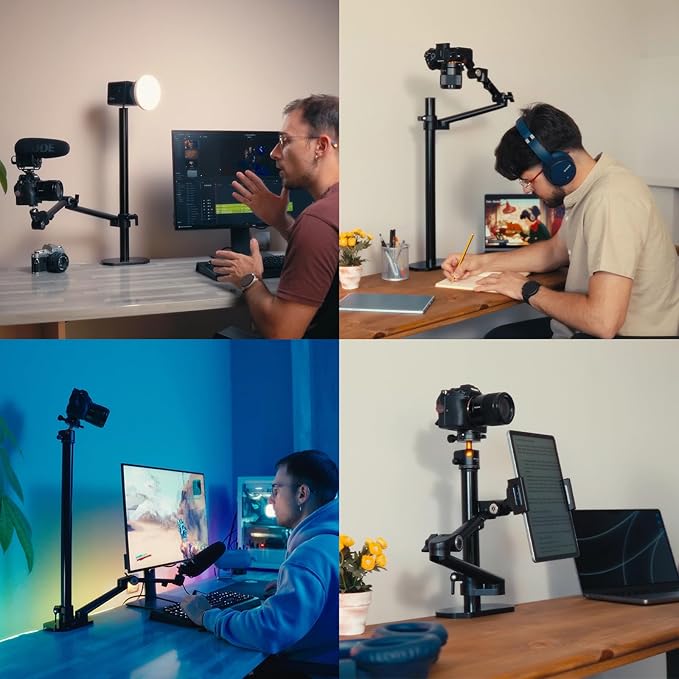 TARION Camera Arm Desk Mount: Heavy Duty DSLR Desktop Mount Camera Stand with Tablet Holder Double C Clamp 1/4 3/8 Screw Adapter Articulating Arm for Selfie Streaming Videography TitanRig Lite Z