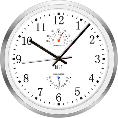 HITO 12 Inch Silent Wall Clock Battery Operated Non Ticking Glass Cover Silver Aluminum Frame, for Living Room Decor, Kitchen, Bedroom, Home Office (12" White)