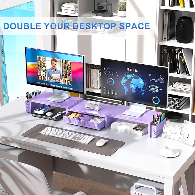 gianotter Dual Monitor Stand Riser, Desk Organizer With Drawer and 2 Pen Holders, Desk Organizers and Accessories, Purple Office Decor (Purple)