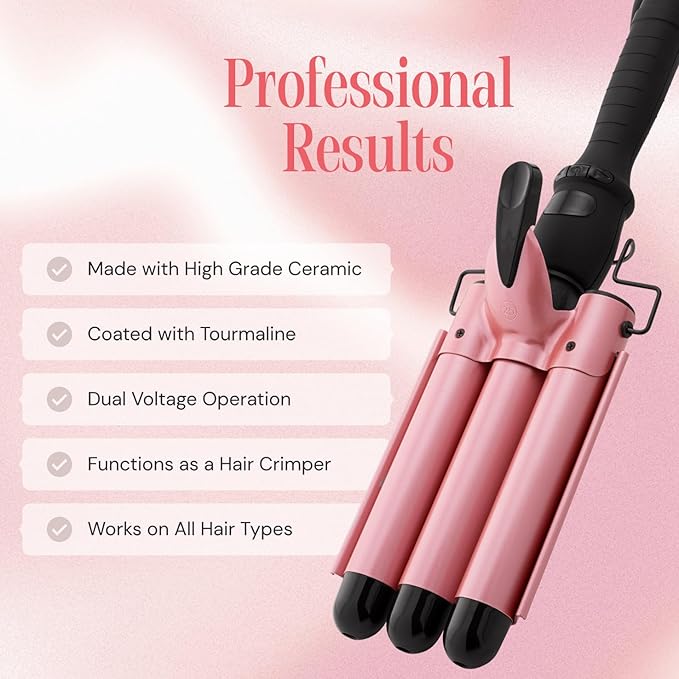 Alure Three Barrel Curling Iron Wand Hair Waver with LCD Temperature Display - 1 Inch Ceramic Tourmaline Triple Barrels, Dual Voltage Crimp (Rose Gold)