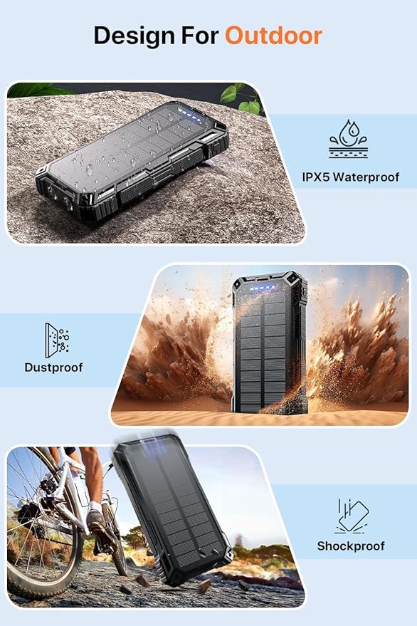 jskei Power Bank 49800mAh Solar Portable Charger Wireless Charging USB-C 15W Fast Charging with 4 Built-in Cables LED Flashlight Battery Pack Compatible with iPhone, iPad, Perfect for Camping,Hiking