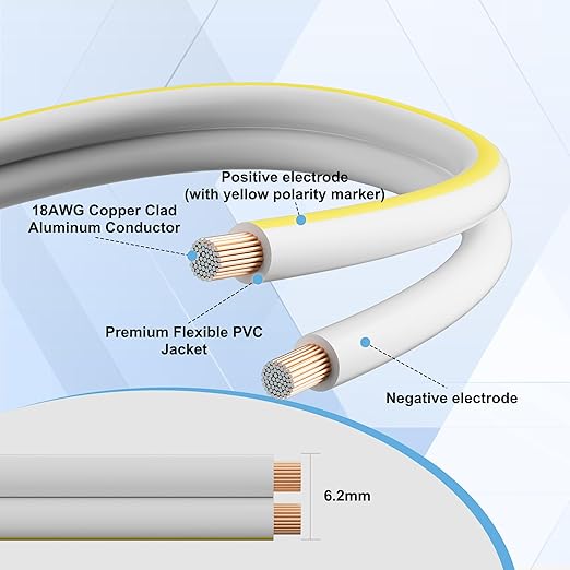 18AWG Speaker Wire 250 FT, 18 Gauge Audio Security Alarm Hookup Control Low Voltage Cable, Home Theater Wire, Automotive Wire, White Cord with Yellow Polarity Marker, CCA, 2 Conductors Electrical Wire