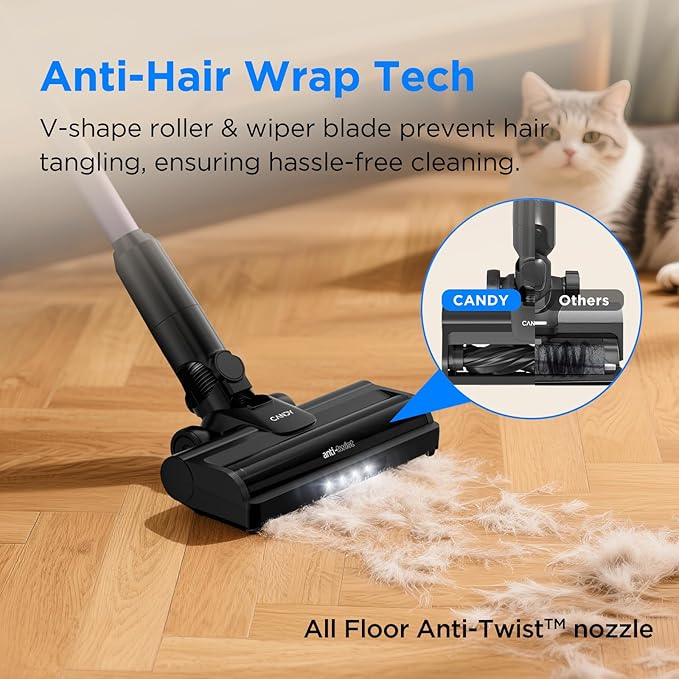 Candy Cordless Vacuum Cleaner,45Mins Vacuum Cleaners for Home,Stick Strong Suction Vacuum,Self-Standing,Removeable Battery,Anti-tangle,One Click Clean,Handheld for Pet Hair,Hardwood Floors,Carpets,Car