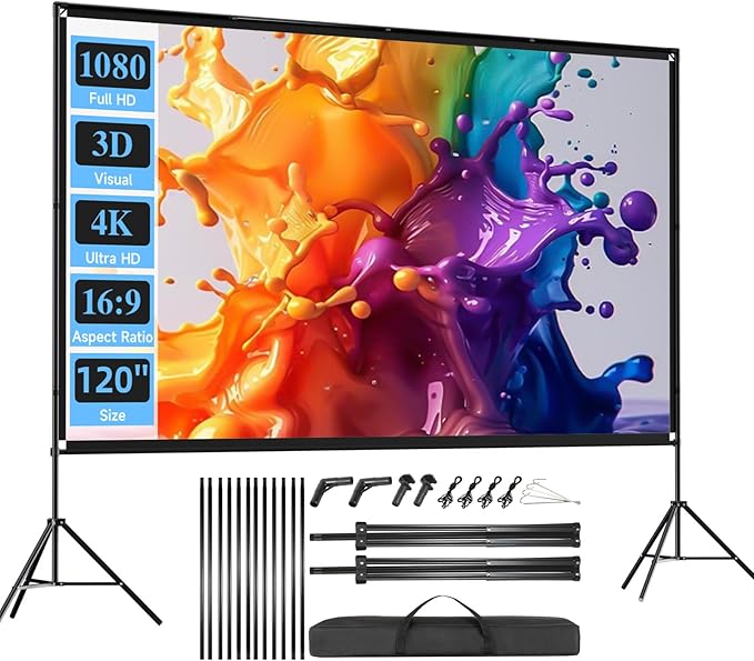 Outdoor Projector Screen with Stand, SCREENMAX 120 inch Foldable Projector Screens with Portable Carry Bag, 16:9 4k HD Rear Front Wrinkle-Free Projection Screen for Movie Night and Indoor Home Theater