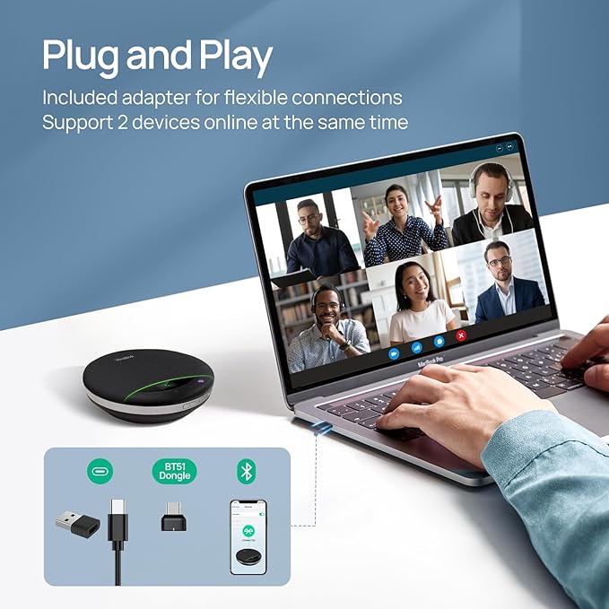 Yealink Bluetooth Speakerphone SP96 with Dongle Support Daisy-Chain 26H Talk Time Teams Certified 65mm Conference Speaker and 6 Microphones Array LCD Screen Smart AI Noise-Canceling