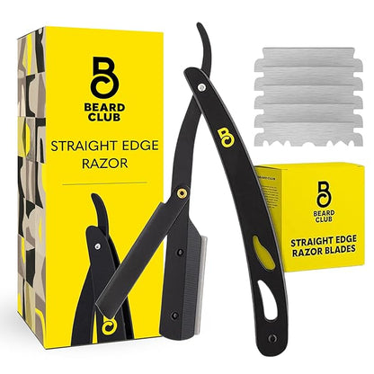 The Beard Club Straight Razor for Men - Navajas Para Barbero - Barber Straight Edge Razor Kit - Single Derby Blade Cutthroat With 5 Replaceable Stainless Steel Blades - Black