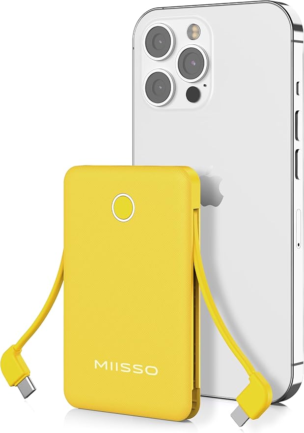 miisso 6000mah Ultra Slim Built in Cables Power Bank, Card Size Built in USB C Cords Battery Pack Portable Charger for Phones, 3 Output External Battery Pack Compatible with iPhone, Yellow