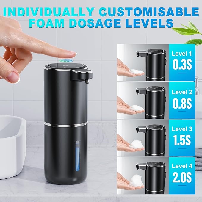 Automatic Foaming Soap Dispenser, 12.8oz/380ml Wall Mount Touchless Soap Dispenser with Sensor, 4-Level Adjustable, IPX5 Waterproof, USB Rechargeable for Bathroom, Kitchen