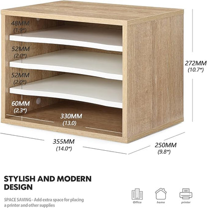 FITUEYES Wood Desk Paper Sorter Organizer with 4-Tier Storage, Desktop Paper File Holder Letter Tray for Home and Office, Light Wood, DO403506WO