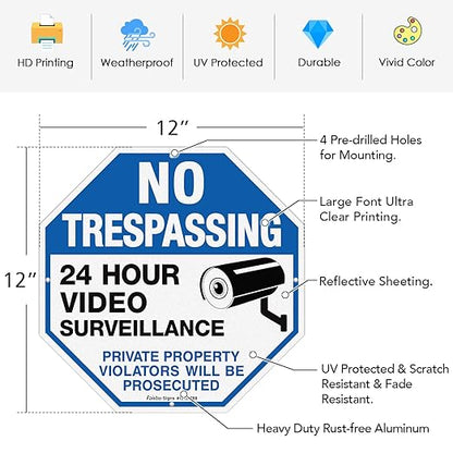 2-Pack No Trespassing Sign Private Property Protected By Video Surveillance Violators Will Be Prosecuted Sign, 12 x 12 Inch Reflective Aluminum, UV Protected, Weather/Fade Resistant, Easy to Install