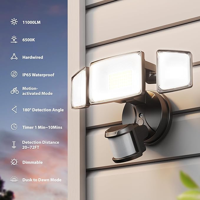 Onforu 100W LED Motion Sensor Outdoor Lights, Dusk to Dawn Flood Light Outdoor Motion Sensor, Hardwired Security Lights Floodlights Outside 11000LM 6500K Daylight IP65 Waterproof (Black)