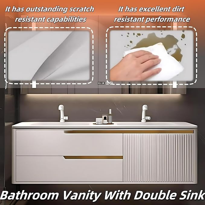 Bathroom Vanity with Double Sink - Smart Defogging Mirror & LED Lights on Both Sides, Floating Bath Sink Cabinet | 2 Drawers, Wave Shaped Panel (Khaki, 56IN)