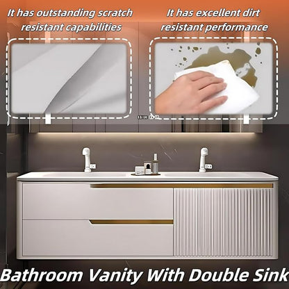 Bathroom Vanity with Double Sink - Smart Defogging Mirror & LED Lights on Both Sides, Floating Bath Sink Cabinet | 2 Drawers, Wave Shaped Panel (Khaki, 56IN)