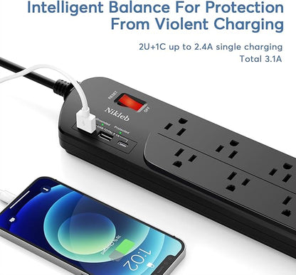 Extension Cord with Multiple Outlets, Surge Protector Power Strip with USB, 6ft Power Cord, 10 Wide Outlets, 2 USB+1 USB C Fast Charging Ports, Wall Mount, Heavy Duty, Home, Office Accessories