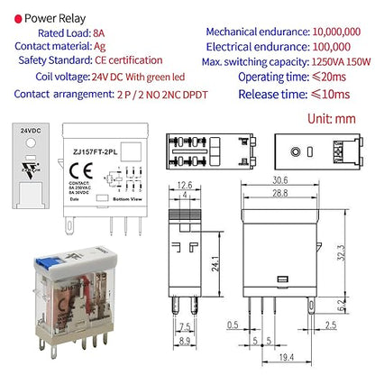 UL Listed 6 Pcs 8-Amp Electromagnetic Relay 24V DC Relay DPDT 2NO 2NC 8Pin Socket Base with Indicator Light Module and Test Button