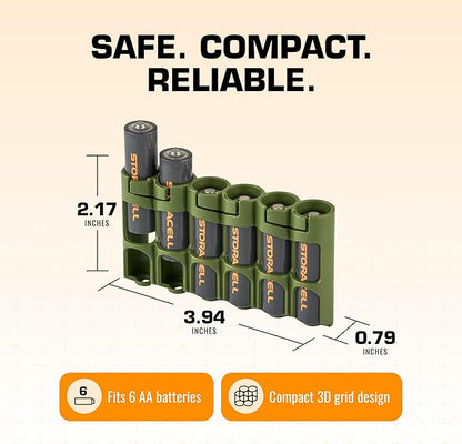 Storacell Slimline AA-6 Battery Storage Caddy and Dispenser (Pack of 2), Military Green, Holds 6 AA Batteries (Not Included), Durable & Compact Design, The Original Battery Caddy, Made in The USA