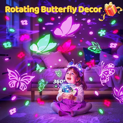 Onefire Girls Toys for Girl Gifts, 6 Films Light Projector Unicorn Toys for Girls Age 4-6, Rechargeable Night Lights for Bedroom, 360° Rotating Butterfly Decor Mermaid Gifts Princess Baby Toddler Toys