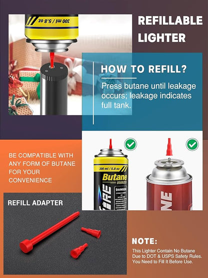 Bright Fire Torch Lighter Butane Refillable, Long Jet Flame Butane Lighter with Long Handle, Adjustable Windproof Lighters for Cooking Fireplace Camping BBQ Lighters Gift for Man (Without Fuel) Black