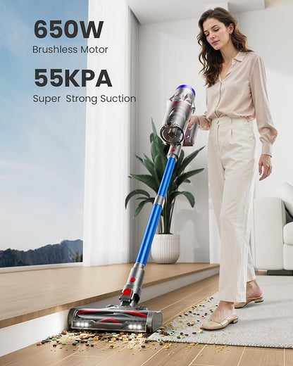 Cordless Vacuum Cleaner, 55KPa 650W 70Mins Vacuum Cleaner for Home, Anti-Tangle Self-Standing Stick Vacuum with Scented Tablet, Upgraded Dust Cup Scraping, Vacuum Cordless for Pet Hair/Carpet/Floors