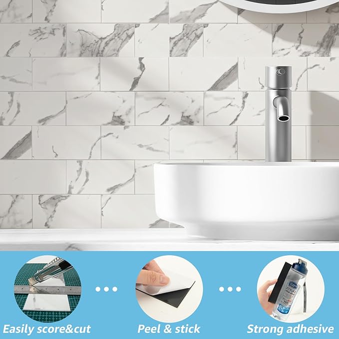 Art3d 102-Piece Faux Stone Peel and Stick Backsplash Tile, Waterproof Thick PVC Stick On Subway Wall Tile for Kitchen Bathroom Laundry Room Fireplace - 3" x 6" Gray Marble