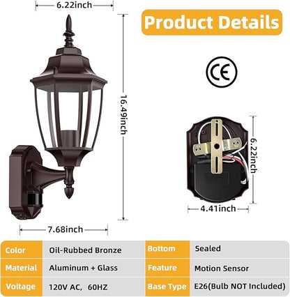 Lamomo Outdoor Wall Sconce, Dusk to Dawn Motion Sensor Bronze Outdoor Light Fixture Wall Mounted, Exterior Aluminum Waterproof Porch Lights for Patio Front Door Garage (1 Pack)