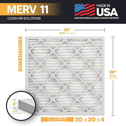 BNX TruFilter 20x20x4 (19.5’’ x 19.5’’ x 3.63‘’ Slim Fit) MERV 11 Air Filter 2-Pack - MADE IN USA - Air Conditioner Furnace Filters HVAC AC Furnace Filters for Dust, Pet, Mold, Pollen MPR 1200 FPR 7