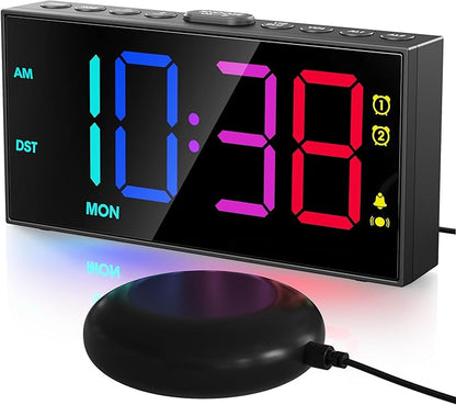 PPLEE RGB Bed Shaker Alarm Clock for Heavy Sleepers, Loud Vibrating Digital Clock with Dual Alarms, 3 Wake Modes, Weekday Display, Bedside USB Charger, Battery Backup, Dimmable for Kids Teens Seniors