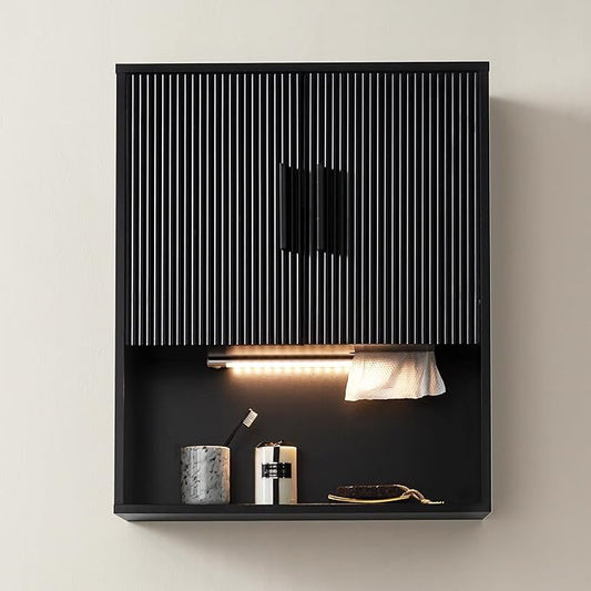 Modern Fluted Bathroom Wall Cabinet with Motion Sensor LED Light, Black Over The Toilet Storage with Tissue Dispenser, Soft-Close Hanging Medicine Cabinet with Adjustable Shelves & Open Rack