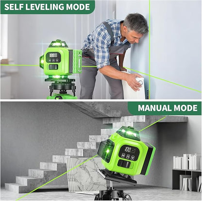 16 Line Laser Level 360 Self Leveling, 4x360°Professional 4D Green Cross Line laser Level with 2 Batteries,for Construction and Picture Hanging, Horizontal Line leveler Tool (Green)