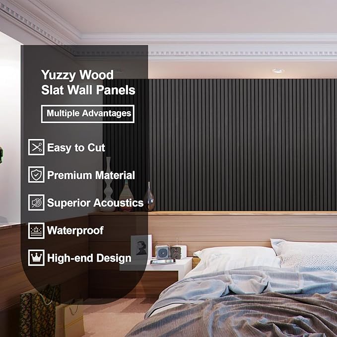 Yuzzy Wood Panels for Wall and Ceiling - 108 x 11 Inch Wood Slat Acoustic Panels 4 PCS - Modern Sound Absorbing Wall Panels for Interior Wall Decor for Home, Office, Studio - Rustic Black Oak