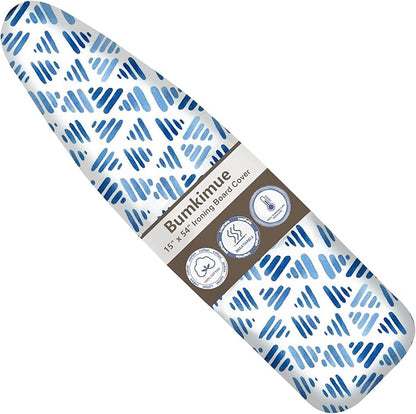 Bumkimue Ironing Board Cover and Pad, Standard Size 15x54 Inches, Blue Floral Pattern, Heavy Duty Padded, Elastic Edge, Scorch Resistant (Blue Print on White Background)