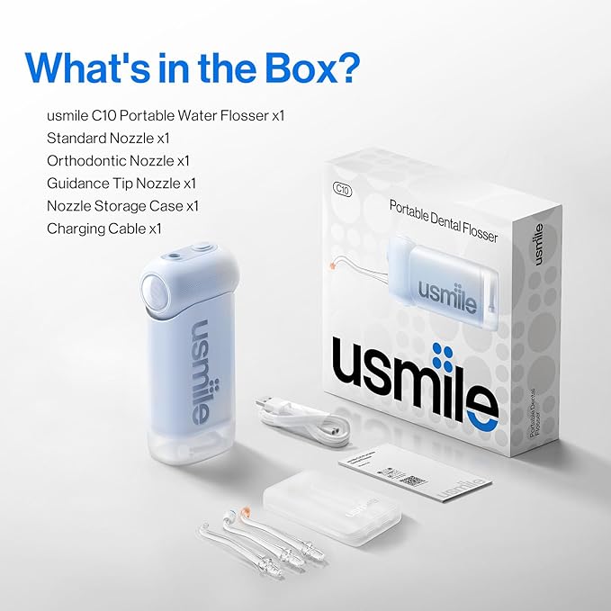usmile C10 Portable Water Flosser – Travel-Friendly, 95-Day Battery, 4 Modes, 360° Nozzle, 180ml Tank, IPX7 Waterproof, Dentist-Recommended for Braces, Implants & Sensitive Gums (Blue)