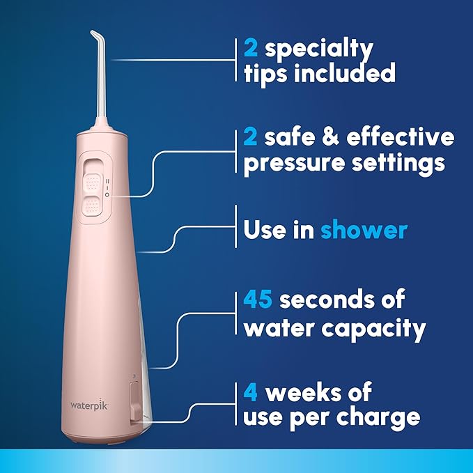 Waterpik Cordless Pulse Rechargeable Portable Water Flosser for Teeth, Gums, Braces Care and Travel with 2 Flossing Tips, Waterproof for Shower Use, ADA Accepted, WF-20 Pink, Packaging May Vary