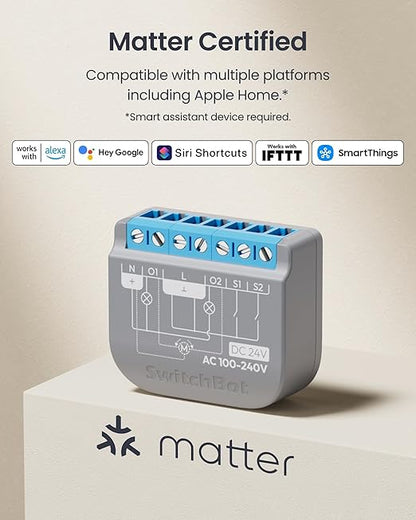 SwitchBot Smart Relay Switch 2PM, Power Metering, Dual Light Control, Built-in Bluetooth Repeater, Wi-Fi & Bluetooth Switch Compatible with Alexa/Apple Home/Google Home/Matter Hub Required, 2.4GHz