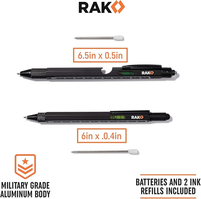RAK Multitool Pen - Multi-Tool Pens, LED Light, Flathead, Phillips Screwdrivers, Level, Ruler, Bottle Opener, and Stylus. Cool Gadgets Gifts for Men, Dad, EDC Pen Tool, Gift-Ready Box, Pack of 2