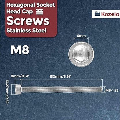Kozelo 2pcs Socket Head Cap Screws - [M8-1.25 x 150mm] 304 Stainless Steel Allen Socket Drive for Electrical Motor 3D Printing Fan Engine Replacement Use, Silver