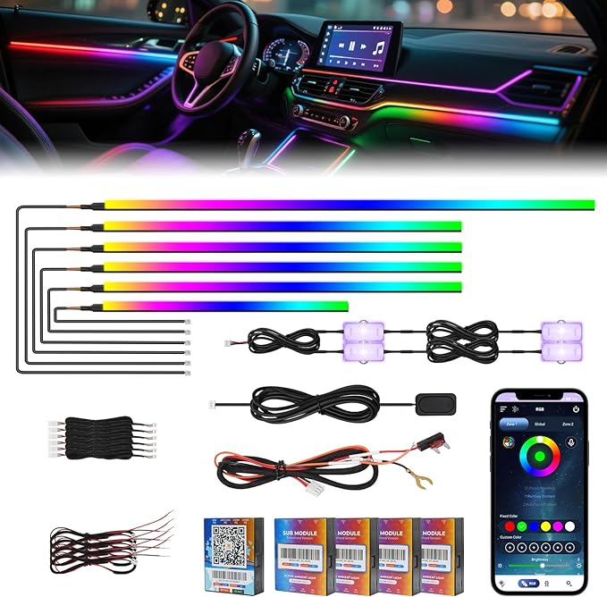 2026 Upgraded Interior Car LED Strip Lights, Acrylic LED Lights for Car Dynamic Dreamcolor Chasing, Dual-Zone Control,Ambient Lighting Kits Music Sync Dreamcolor 10 in 1 with Self-Developed APP