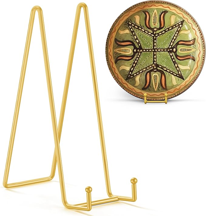 TR-LIFE 12 Inch Large Plate Stands/holder for Display - Metal Picture Frame Holder Stand + Small Easels for Platter, Book, Plaques, Photo, Tabletop Art (Gold 2 Pack)