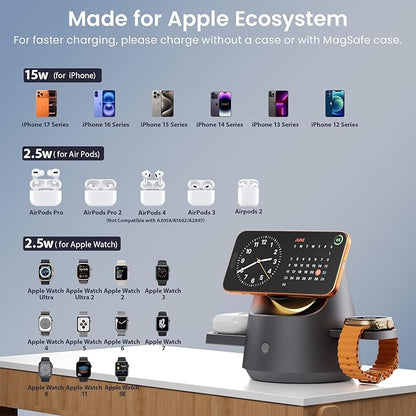 3 in 1 Wireless Charging Station for Apple Devices, PDMAX Qi Mag-Safe Charger Stand & RGB Light, Fast Charging Station for iPhone 17 PRO MAX,16,15 Series&iWatch&Air Pods, Grey(33W Charger Included)