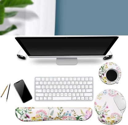 iLeadon Mouse Pad with Wrist Support Keyboard Wrist Rest Set, Ergonomic Mouse Pad with Non-Slip Base for Computer Laptop Home Office + Coasters, Easy Typing & Pain Relief Mouse Mat, Wild Flowers