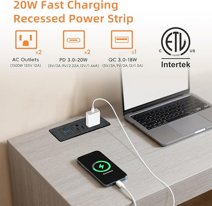 Recessed Power Strip USB, 20W Fast Charging Furniture Outlet - 2 AC & 3 USB (2 USB-C + 1 USB-A) for Desk, Bedside, Drawer, Conference Table - Space-Saving, Easy Install, 10FT Cord, Black