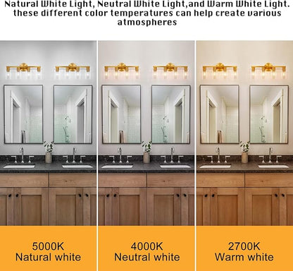 4 Light Gold Bathroom Vanity Light, Brushed Brass Bathroom Light Fixtures with Clear Glass Shade, Modern Wall Lamp Sconce Lighting for Bath Mirror Bedroom Living Room Hallway Porch