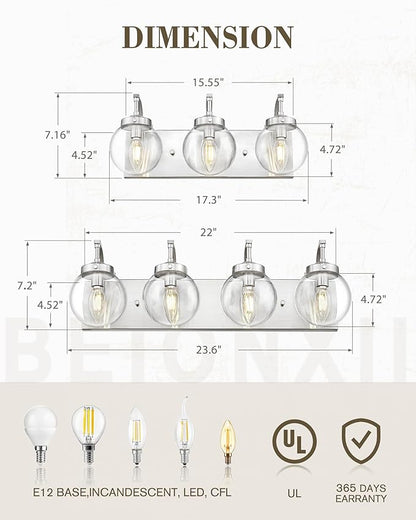 Beionxii 4-Light Bathroom Light Fixtures, Brushed Nickel Bathroom Vanity Light Over Mirror, Modern Vanity Lights with Clear Glass Shade for LivingRoom Hallway, BX-VL03BN-4CG