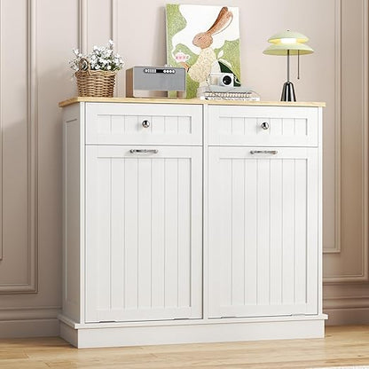 Tilt Out Trash Can Cabinet Dog Proof with Double Wood Hidden Holder, Kitchen Free Standing Recycling Cabinet（White）