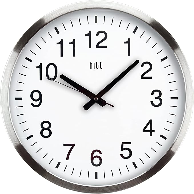 HITO 16" Silent Wall Clock Battery Operated Non Ticking Sweep Movement Glass Cover Silver Aluminum Frame, for Kitchen, Bedroom, Home Office, Living Room Decor